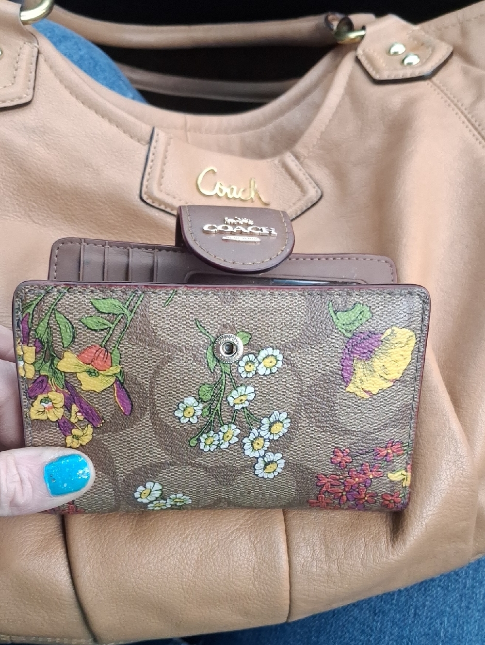 Coach Brown Signature Floral Continental Wallet with Multicolor Blooms
